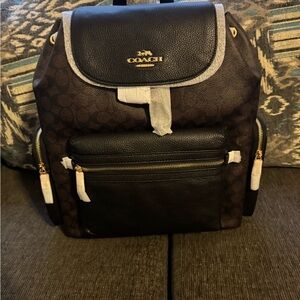 Coach Brown and Black Signature Canvas Backpack with Gold Hardware
